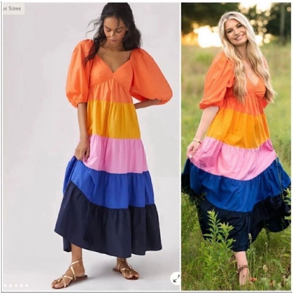 Anthropologie Farm Rio Size S Puff Sleeve Tiered Maxi Dress Colorblock Stripe - Picture 3 of 15